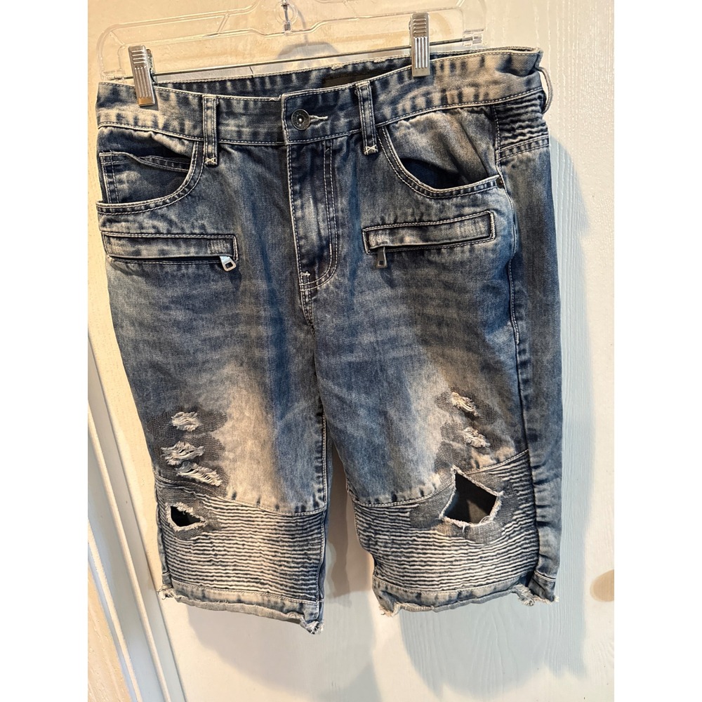 Decibel Mens Moto Denim Shorts Blue Distressed Biker Ribbed Jean Shorts
